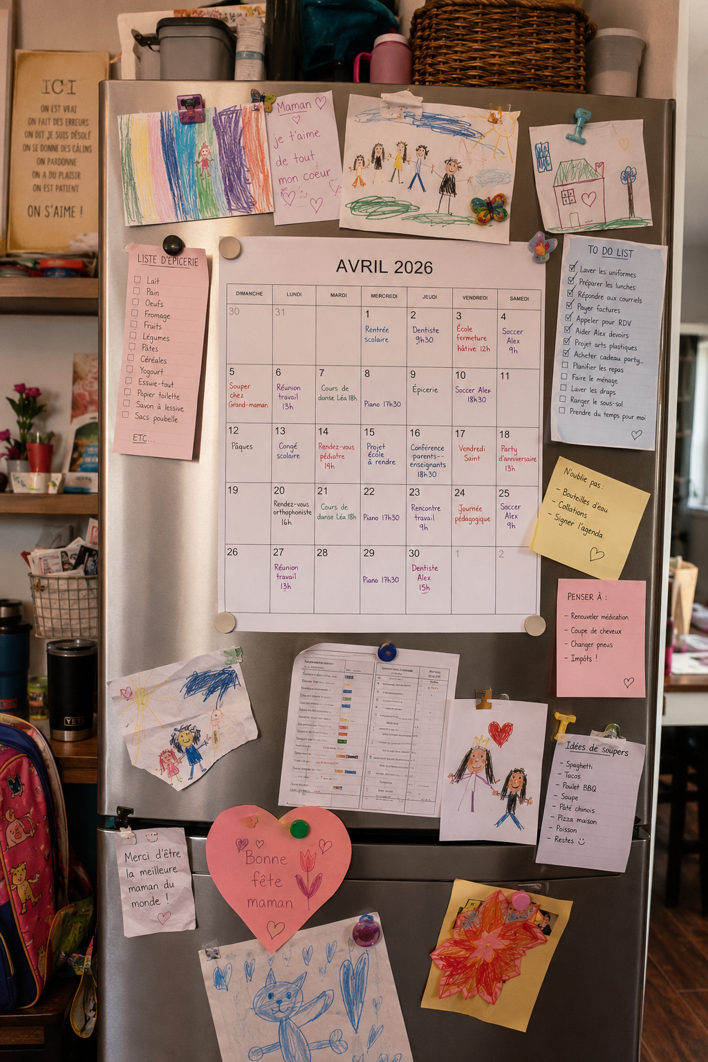Un frigo familial couvert de listes manuscrites, d'un calendrier papier et de dessins d'enfants — la charge mentale au quotidien