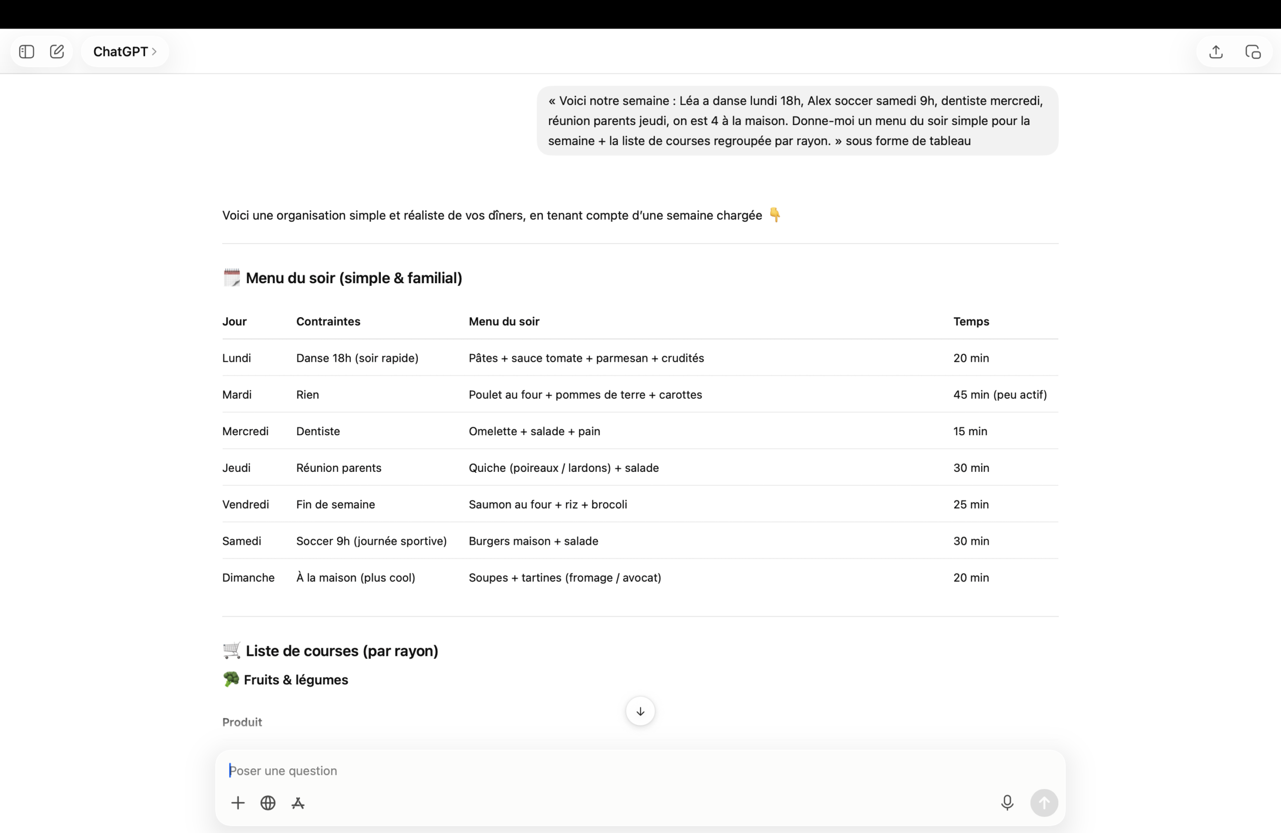Capture d'écran de ChatGPT : à partir d'une simple question, un menu de la semaine et une liste de courses regroupée par rayon