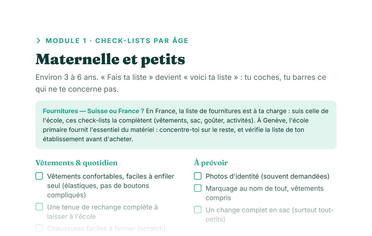 Page de check-list de rentrée par âge, à cocher