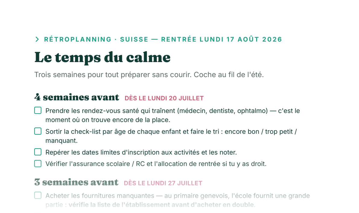 Page du rétroplanning daté de la rentrée, semaine par semaine